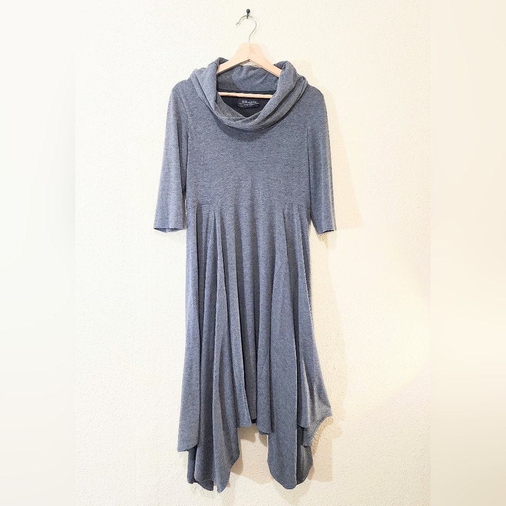 RB Collection New York Gray Cowl Neck Kerchief Cut 3/4 Sleeve Midi Dress
